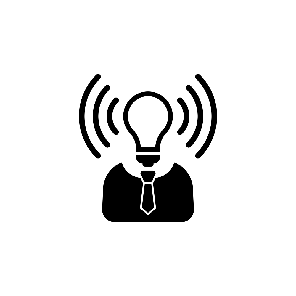 solid black lightbulb icon, above a shirt and tie