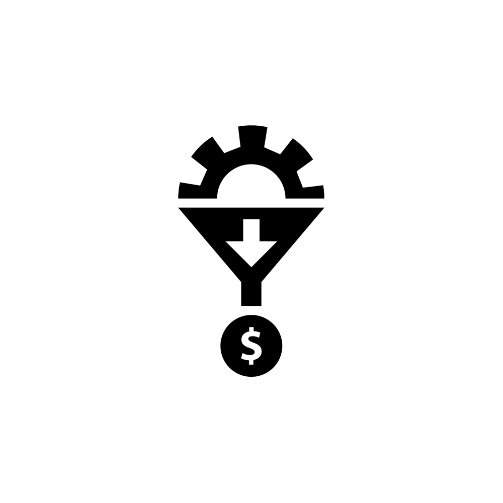 solid black gear icon inside funnel with downward pointing arrow facing a money symbol